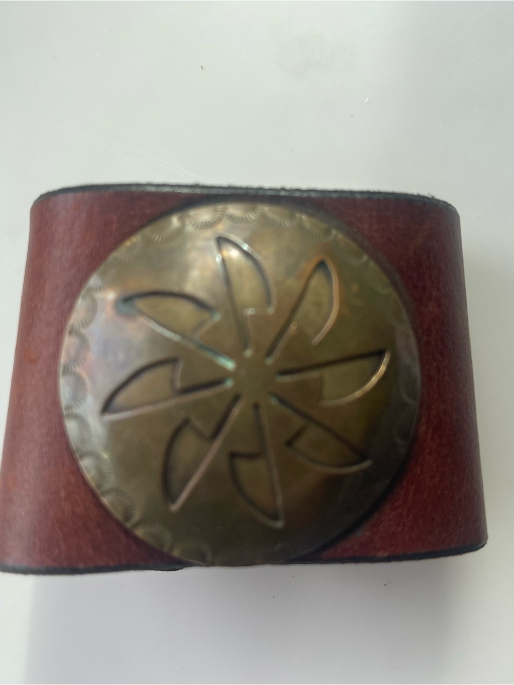 Vintage Leather Cuff Brass Floral Concho 70s Artisan - Picture 3 of 8